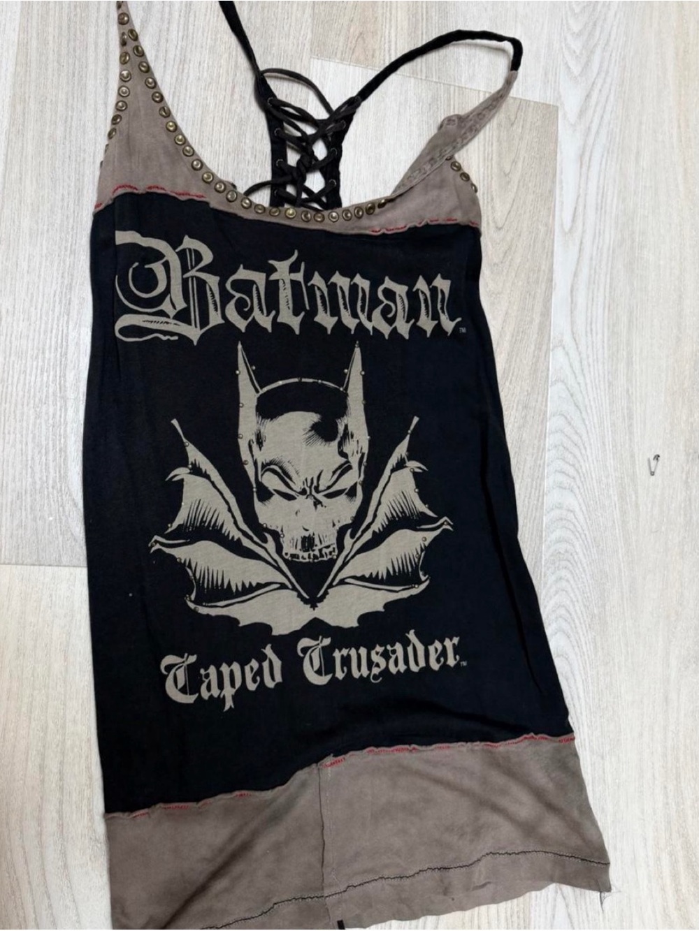 Y2K RARE Salvage Black and Taupe Graphic Lace-Up Back Tank